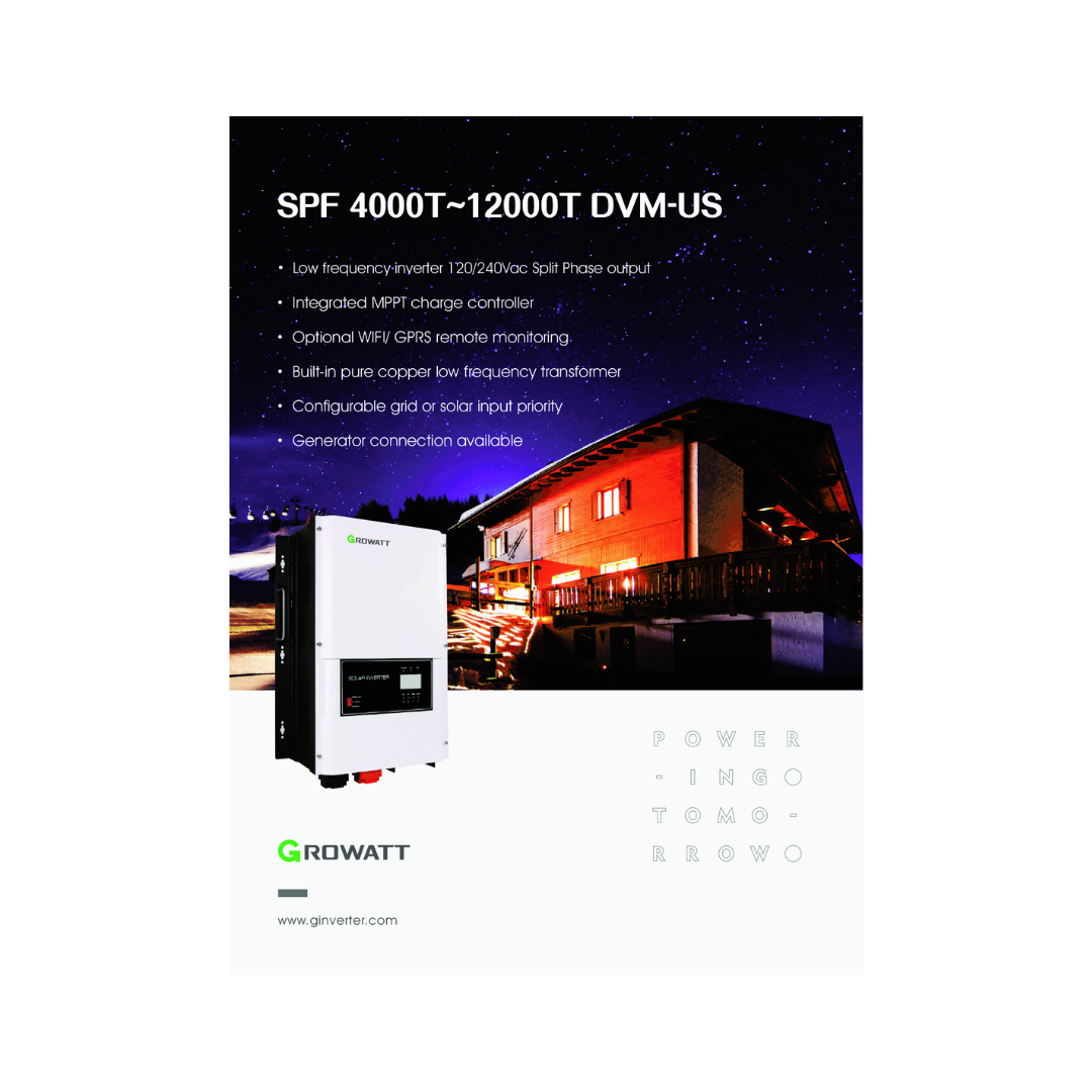 GROWATT SPF 8000T DVM-US | 48V | 8kW | 60-145VDC MPPT | 120/240V AC (Pre-order) - Off Grid B.C.
