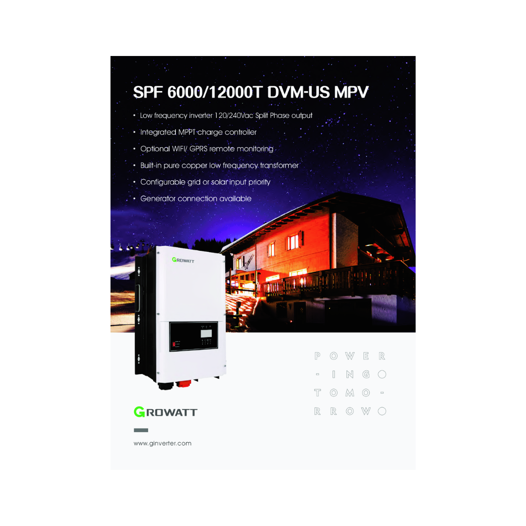 GROWATT SPF 6000T DVM-US MPV | 48V | 6kW | 60-245VDC MPPT | 120/240V AC (Pre-order) - Off Grid B.C.